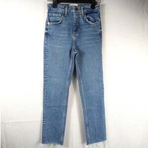 Zara Womens Size 00 High Rise Straight Leg Raw Hem Jeans Blue Join Life Denim